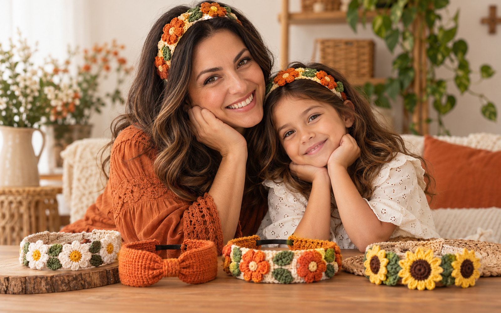 Menina de uns 6 anos e a mãe, sorrindo, as duas com tiaras de crochê combinando com flor laranja, e ao redor várias tiaras de crochê com laços, girassóis e frutinhas sobre uma mesa clara